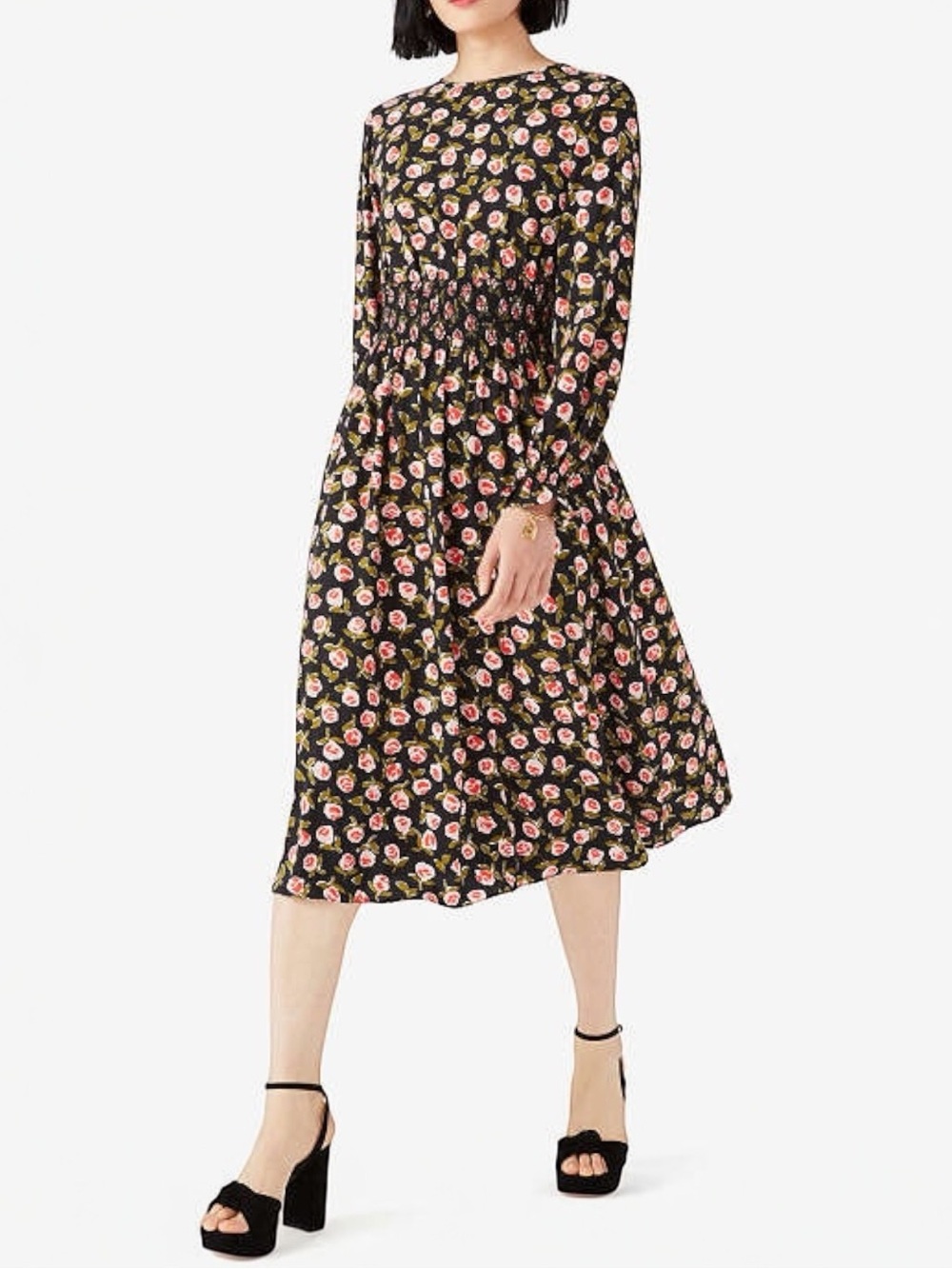 Kate Spade New York Ditsy Roses Waverly Floral Smocked Midi Dress Women Size XS